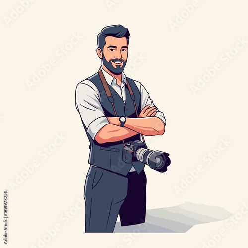 Smiling male photographer with camera around neck, arms crossed, professional portrait