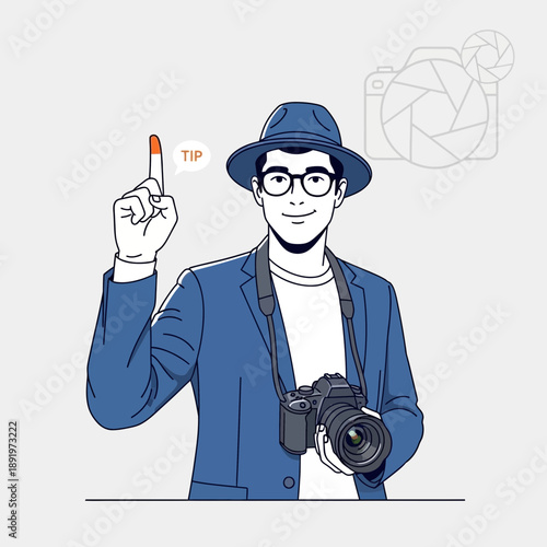 Photographer with DSLR camera and tip finger gesture, illustration
