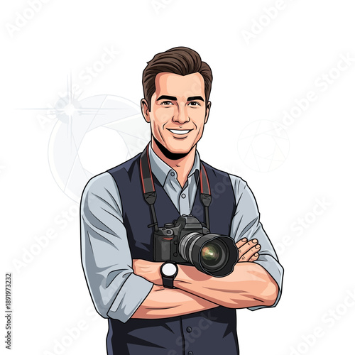 Smiling photographer with camera and crossed arms, studio portrait.