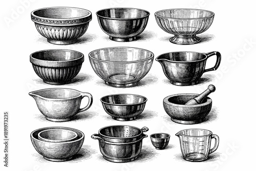 Vintage kitchenware collection: bowls, pitchers, mortar and pestle, and strainer in monochrome