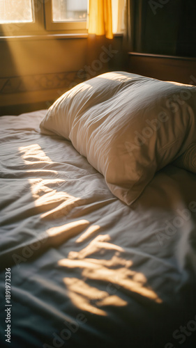 Sunlit bedroom with rumpled white sheets and soft pillow in warm morning light creating peaceful home interior mood for weekend rest self care relaxation and cozy lifestyle inspiration