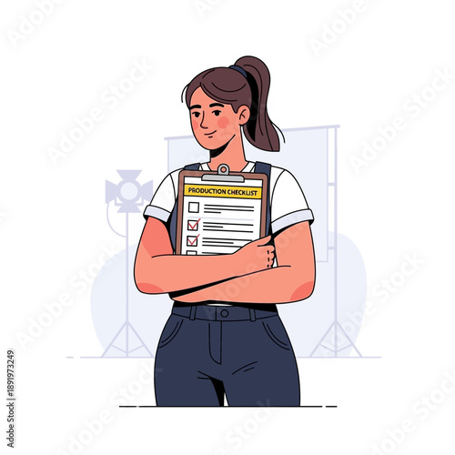 Woman holding production checklist clipboard, film set background