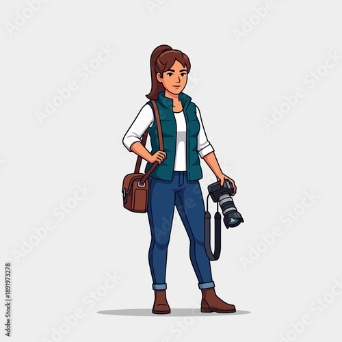 Woman photographer with camera and bag, casual outfit, full body illustration
