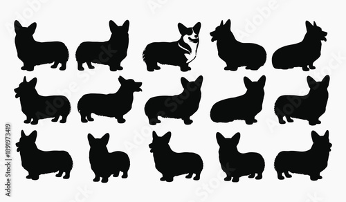 A collection of silhouettes depicting various poses of adorable corgi dogs in black