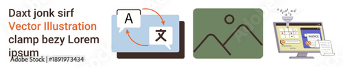 Language learning, communication tools, image generation, multimedia editing, digital authentication, artificial intelligence. Translation symbols, landscape icon, and verification on screen