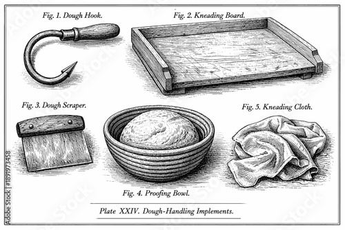 Vintage dough-handling implements illustration with hook, board, scraper, bowl, cloth