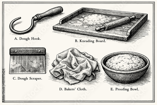 Vintage baking tools illustration: dough hook, kneading board, scraper, cloth, proofing bowl