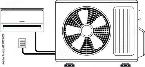 Air conditioner system illustration showing indoor wall unit and outdoor compressor fan, HVAC cooling equipment diagram isolated on white background