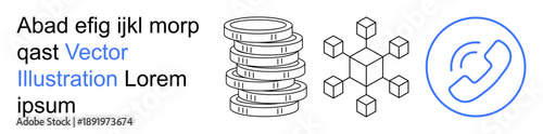 Technology, finance, blockchain, communication, network, digital services. Stacked coins, a cube-linked network and a phone receiver icon. Technology and finance visual concept