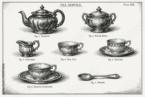 Vintage tea service illustration with teapot and cups