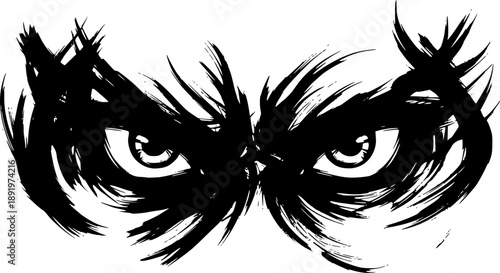 Intense gaze emblem in sumi-e style, ominous eyes graphic, brush
