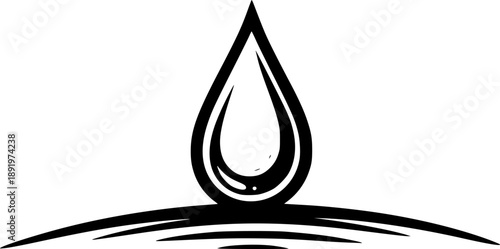 Hand-drawn woodcut illustration of a simple water droplet on a c
