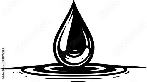 Hand-drawn woodcut illustration of a simple water droplet on a c
