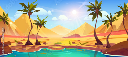 Cartoon oasis in Sahara desert with palm landscape