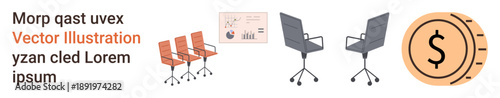 Business strategy, teamwork, financial planning, corporate meeting, project management, office design. Rows of chairs, chart diagram coin icon. Business strategy and financial planning concept