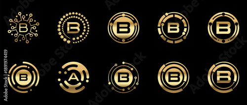 Luxury gold letter B logo collection with modern circular and abstract tech-inspired elements. Elegant metallic monogram designs on black background, ideal for branding, technology, finance
