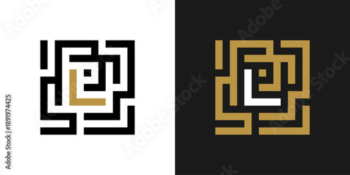 letter L with a square labyrinth concept