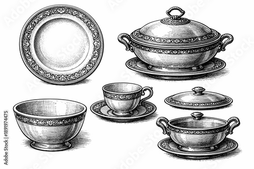 Intricately designed vintage tableware collection in black and white