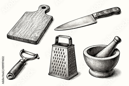 Set of vintage kitchen utensils: cutting board, knife, grater, pestle, mortar