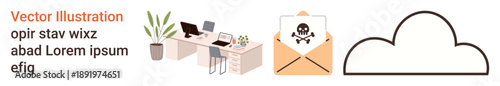 Cybersecurity, phishing, cloud data, digital workspaces, online threats, information protection. Desk setup with plants, an email with a skull and crossbones cloud icon. Cybersecurity and phishing