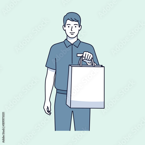 Delivery man holding shopping bag, flat illustration