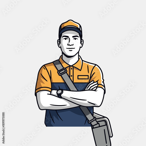 Delivery man with messenger bag, confident pose, illustration