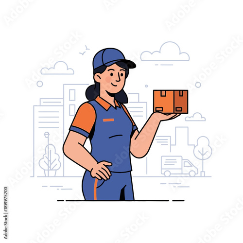 Delivery woman holding package, city background illustration