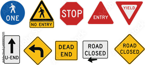 Collection of traffic road signs including stop, yield, no entry, dead end and directional symbols, safety warning illustration on white background