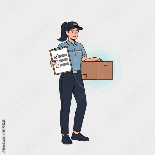 Delivery woman holding parcel and checklist, courier service illustration