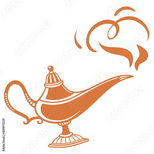 An ornate brass lamp emits swirling smoke, suggesting magic or wishes.