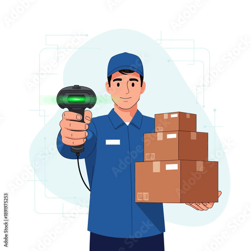 Delivery worker with scanner and packages