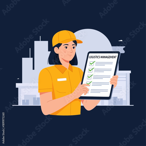 Logistics management concept, woman with checklist on tablet