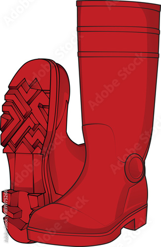 Bright red wellington rubber boots isolated on white background. Trendy waterproof footwear for women fashion or kids. Autumn and winter rainy season shoes with tread sole.