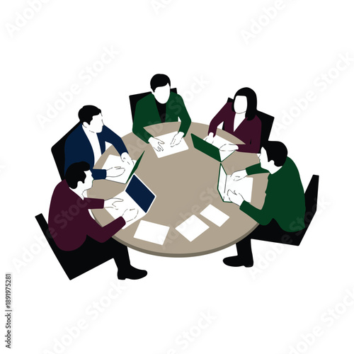 Five people in business attire gathered around a round table with laptops and papers meeting