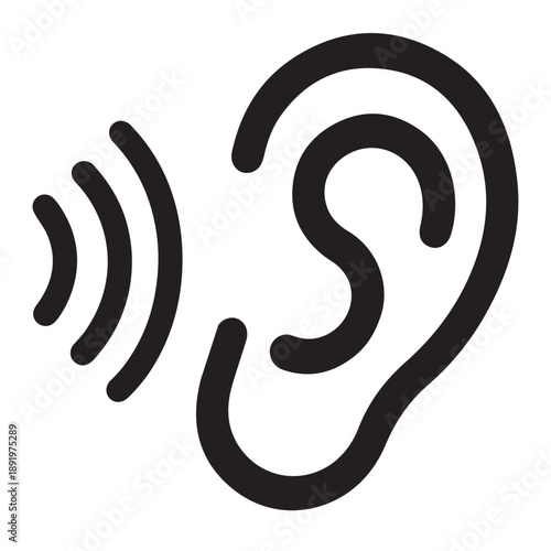 Simple black line art icon of an ear hearing sound waves silhouette.