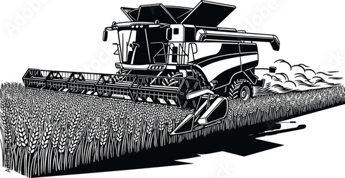Combine harvester working in wheat field illustration, agricultural machinery silhouette, farming equipment 