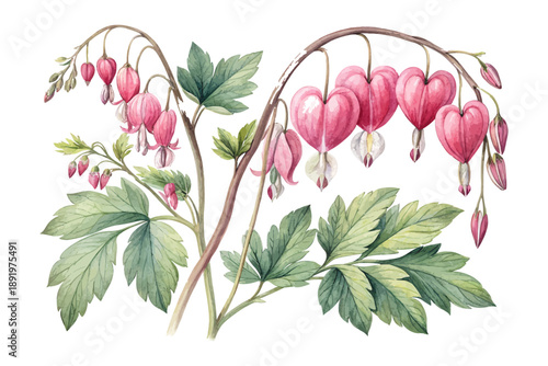 Watercolor Bleeding Heart Flower Painting, Romantic Botanical Clipart, vector illustration isolated on white background