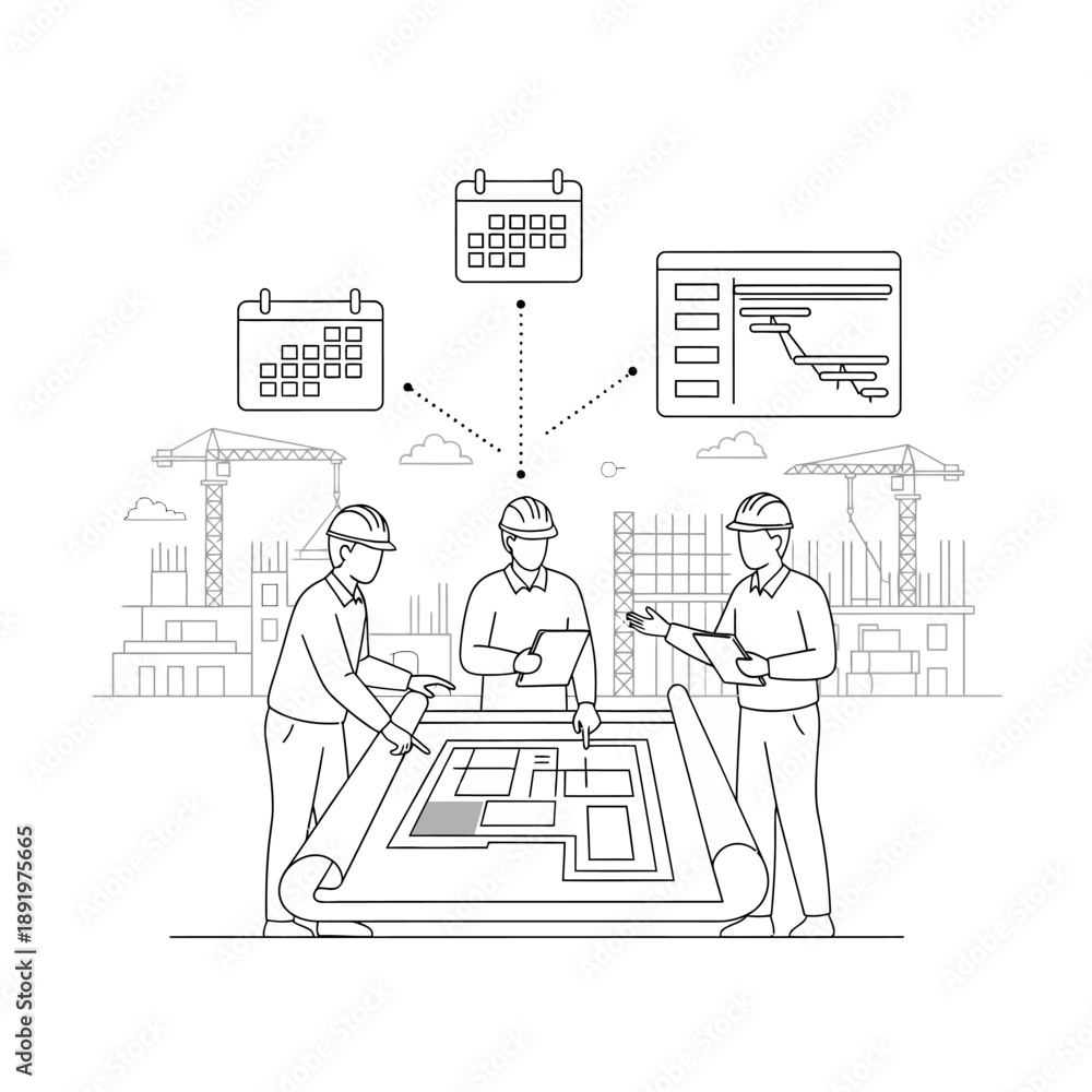 Fototapeta premium Construction Project Management Planning Vector Illustration | Engineers Reviewing Blueprints, Schedule, and Gantt Chart