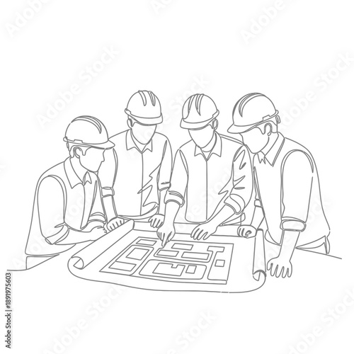 Continuous Line Drawing of Construction Team Planning and Reviewing Architectural Blueprint on Building Project