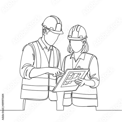 Continuous Line Drawing of Construction Engineers Reviewing Blueprint. Industrial Workers in Hard Hats Discussing Site Plan and Teamwork.