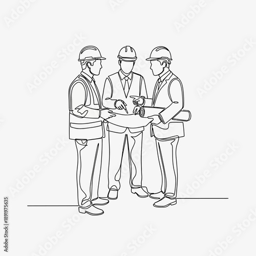 Continuous line drawing of construction workers and engineers reviewing blueprints. Teamwork and project planning illustration.