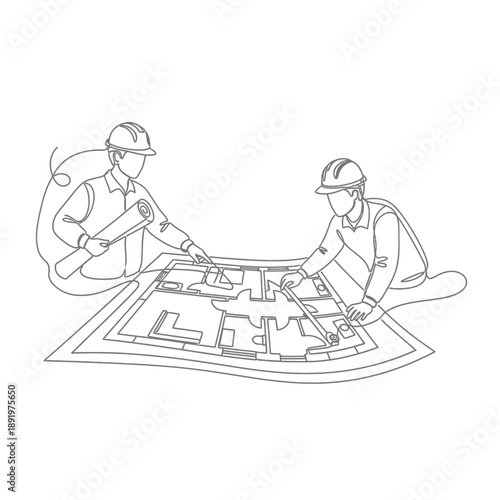 Drafting and Planning: Two Architects or Engineers Reviewing a Detailed Blueprint. Continuous Line Drawing Vector Illustration of Construction Teamwork and Design.