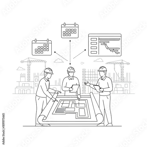 Construction Project Management Planning Vector Illustration | Engineers Reviewing Blueprints, Schedule, and Gantt Chart