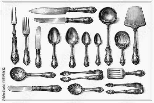 Vintage silver cutlery collection with intricate designs