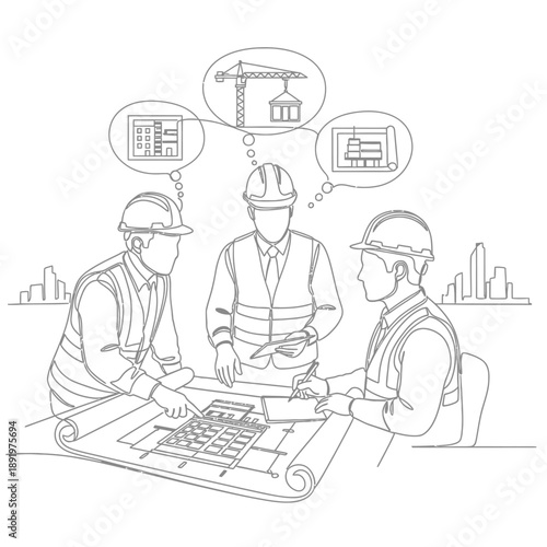 Single Line Art: Construction Engineers Meeting to Discuss Blueprints. Project Planning, Team Collaboration, and Architecture Design.
