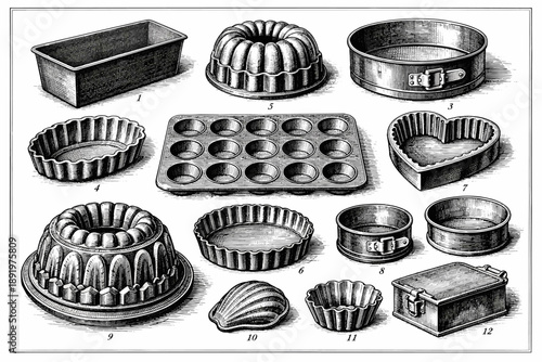 Vintage bakeware collection featuring assorted molds and tins