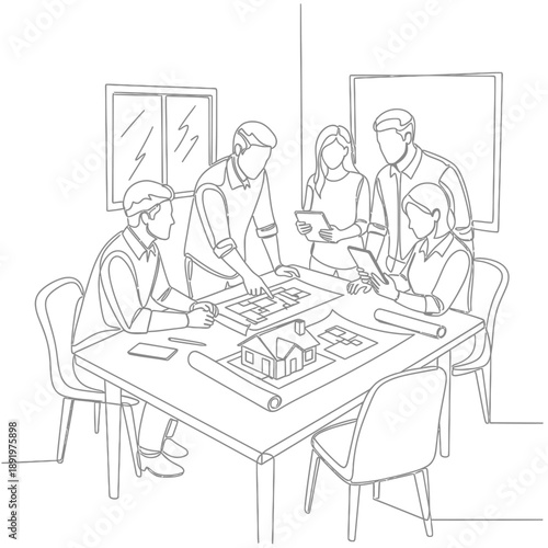 Continuous Line Art: Architecture Team Discussing Blueprints and House Plans. Professional Engineers Planning Construction Project Meeting.