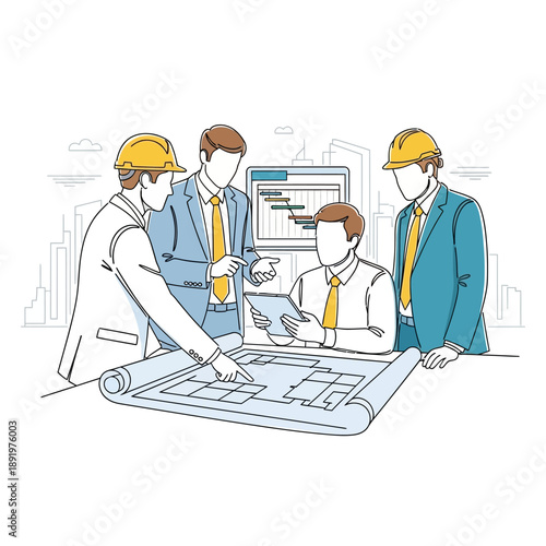 Construction and Engineering Team Meeting Reviewing Blueprint and Project Plan