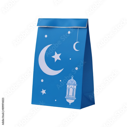 Blue paper bag with moon stars and lantern on black background crescent
