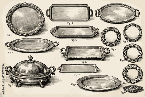 Vintage engraved silverware trays and serving platters collection